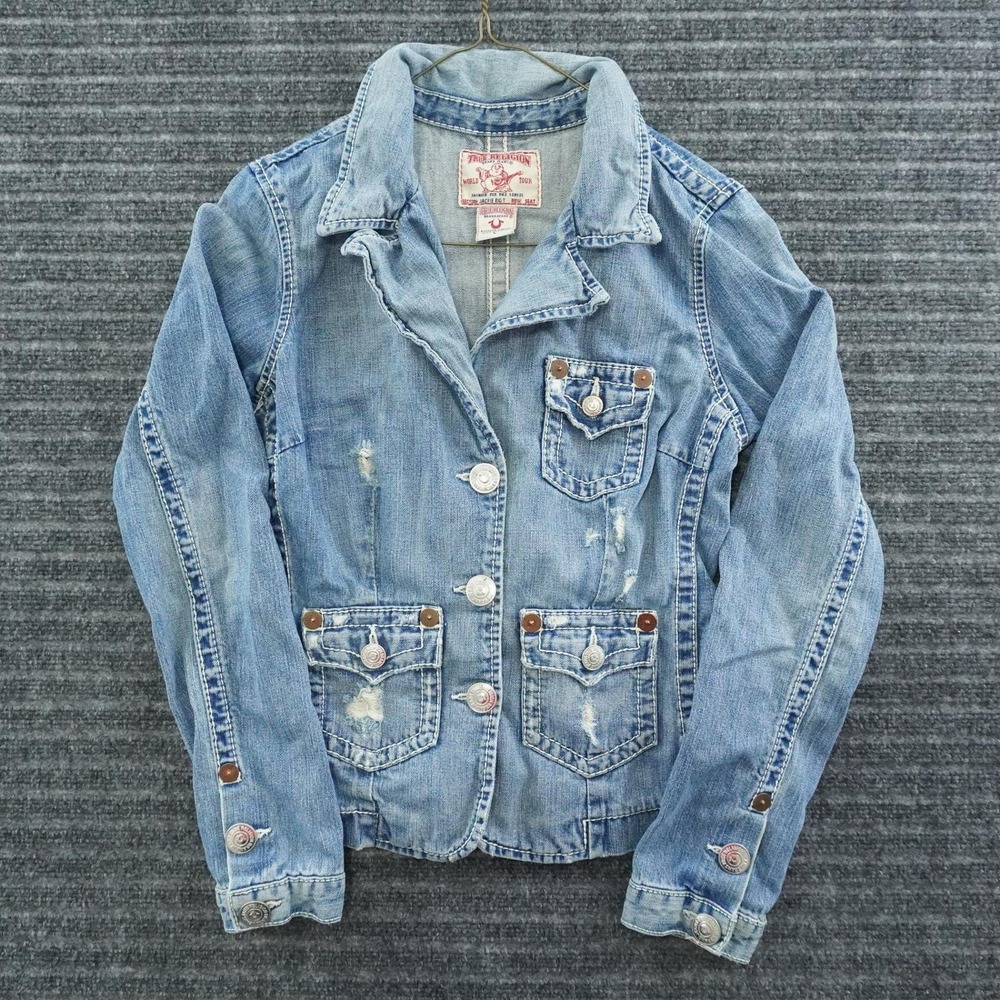 True Religion Jackie Big T Denim Jacket Womens Large Blue Distressed Cinch Back